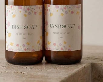 8 Wildflower Soap Labels | Waterproof Cottagecore Hand & Dish Soap Bottle Stickers | Floral Kitchen Bathroom Set + Blanks
