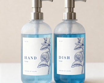 8 Farmhouse Soap Labels | Waterproof Botanical Hand & Dish Soap Stickers | Modern Farmhouse Kitchen Bath Set + Blanks