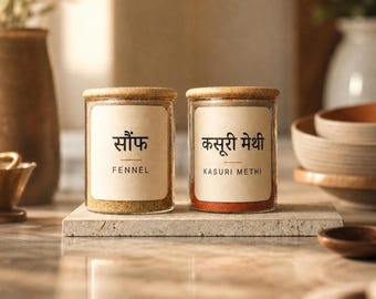 Indian Spice Jar Labels · Hindi + English · 44 Waterproof Indian Masala Stickers · Minimalist Bilingual Pantry Set