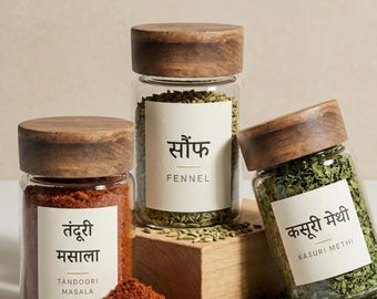 48 Indian Spice Labels | Bilingual Hindi & English Waterproof Stickers for Kitchen Organization