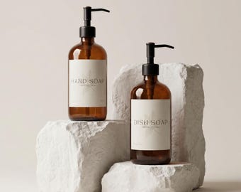 8 Apothecary Soap & Lotion Labels | Waterproof Minimalist Stickers | Hand Soap Dish Soap Shampoo Conditioner | Amber Bottle Set