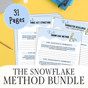 May include: A blue and yellow printable worksheet bundle for writers, titled "The Snowflake Method Bundle". The bundle includes 31 pages of worksheets to help writers develop their characters and plot.