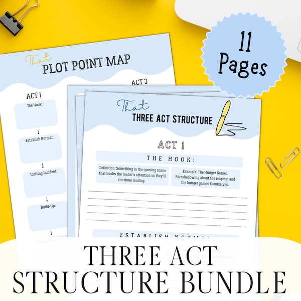 Three Act Structure Bundle - Plotting Worksheet, Three Act Structure Worksheet, Plot a Novel, Plot a Book, Fiction Writing, Outline a Book