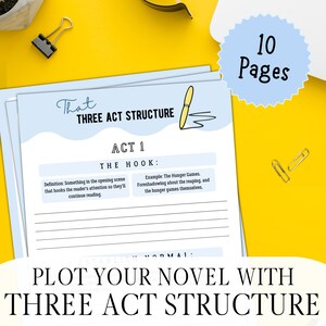 May include: A stack of light blue pages with the text "That Three Act Structure" and "Plot Your Novel With Three Act Structure" on a yellow surface. The pages include sections for outlining a novel's plot, with a pen illustration. A light blue circle reads "10 Pages".