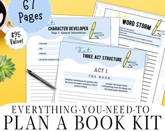 Puede incluir: Un kit de planificación de libros imprimible de 67 páginas para escritores. El kit incluye hojas de trabajo para el desarrollo de personajes, la lluvia de ideas de palabras y la estructura de tres actos. El kit se titula "Todo lo que necesitas para planificar un libro".