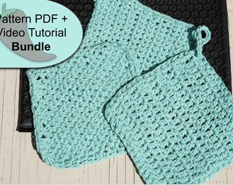 learn to crochet dishcloth pattern and video tutorial bundle