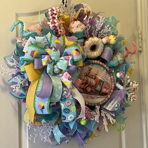 Candyland Wreath, whimsical, pink christmas, santa sweet shop, holiday wreath, candy wreath, donuts wreath, candyland express, pastel wreath