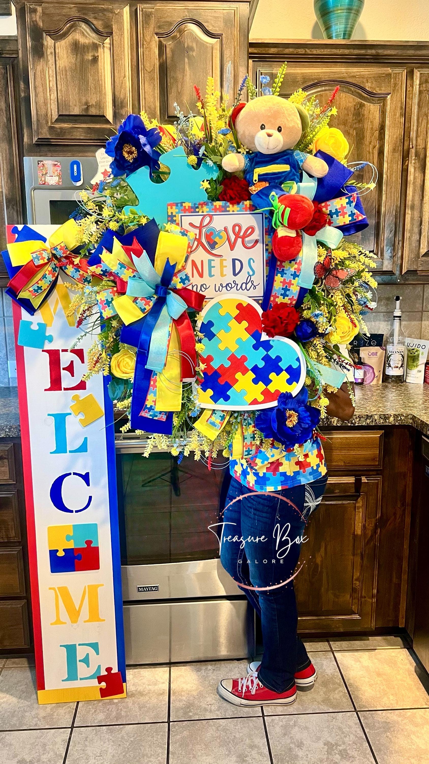 Autism Awareness Wreath and Welcome Sign Set, Love Needs No Words ...