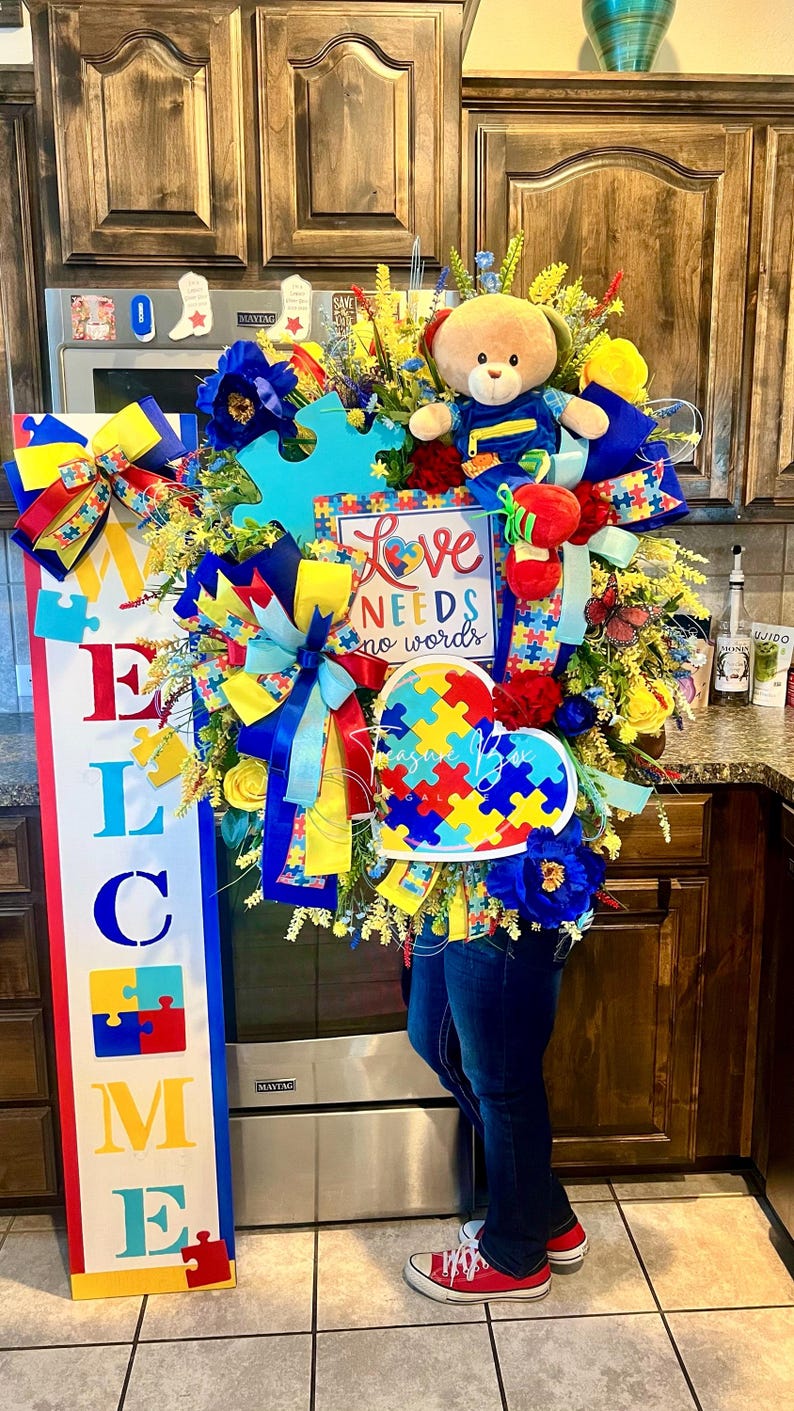 Autism Awareness Wreath and Welcome Sign Set, Love Needs No Words ...