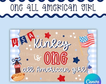 One All American Girl | Hot Dog Banner | 4th of July Sign Party Decor | Birthday Sign | Editable Canva Banner Template | USA banner