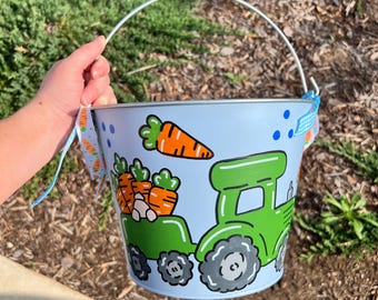 Custom Hand Painted Easter Bucket | Personalized Galvanized Metal Pail | Kids Easter Gift | Easter Egg Hunting | Easter Bunny