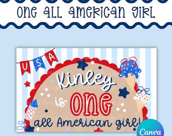 One All American Girl | Hot Dog Banner | 4th of July Sign Party Decor | Birthday Sign | Editable Canva Banner Template | USA banner
