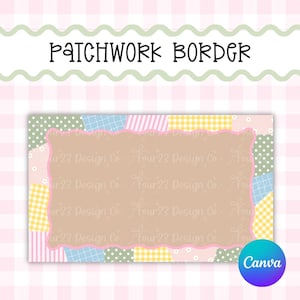 Op de afbeelding: Een digitaal ontwerp met een patchwork rand en een lichtbruin midden. De rand bevat verschillende patronen zoals stippen, ruitjes en strepen in pastelkleuren. De tekst "PATCHWORK BORDER" staat bovenaan.