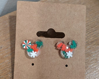 Festive Christmas Mickey Stud Earrings w/ Polymer Sprinkles And Resin Holiday Snow Peppermint Christmas Tree