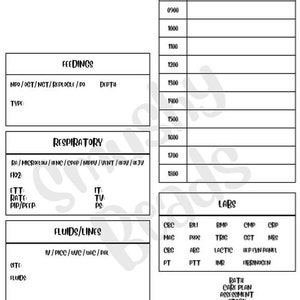 May include: A black and white printable medical chart for tracking patient information. The chart includes sections for name, date of birth, history, hands-on feeds, feedings, respiratory, fluids/lines, and labs.