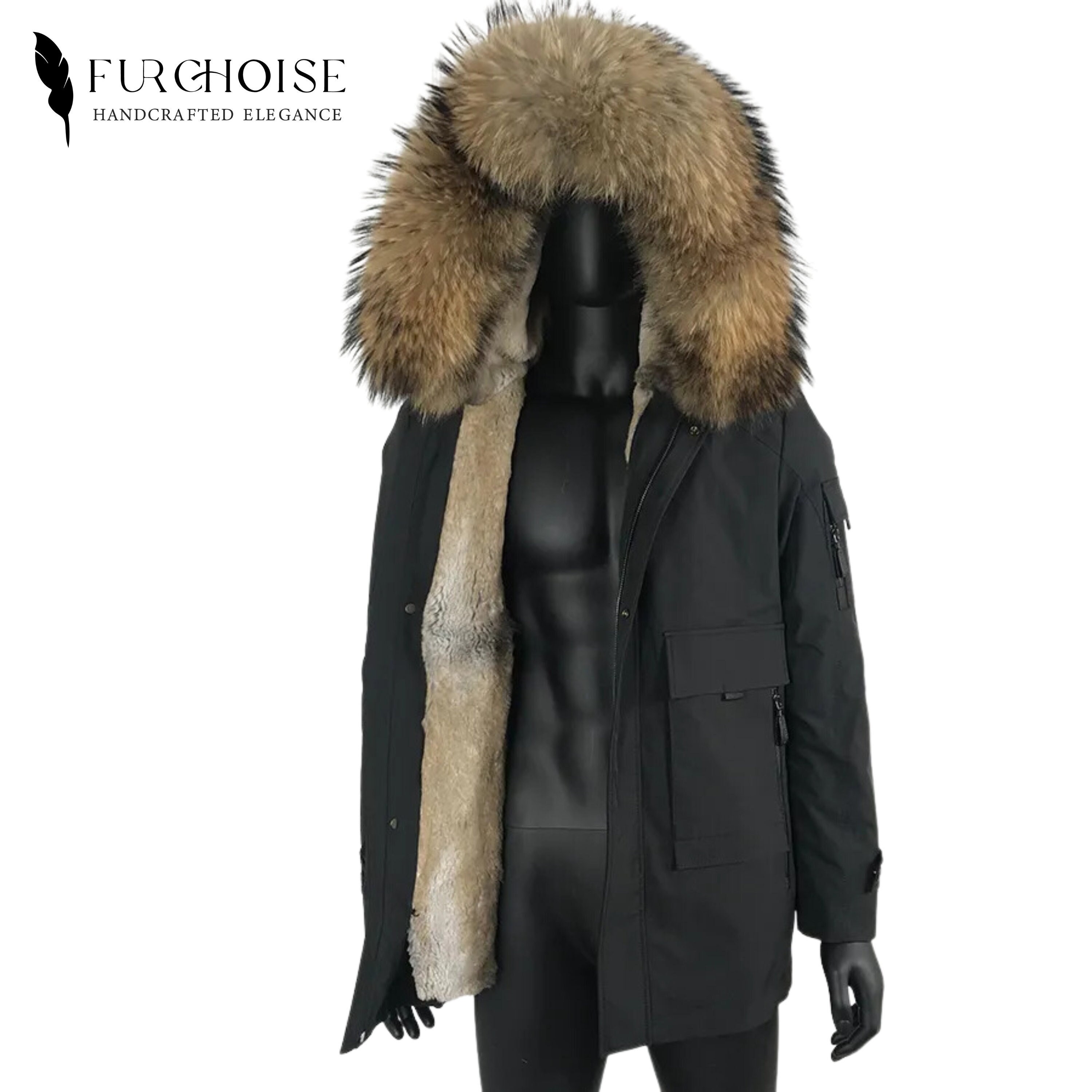 Rippe's Furs Reversible Raccoon Fur Trim Hooded Rabbit Fur Vest - Fuchsia, R-FUCHSIA / XL