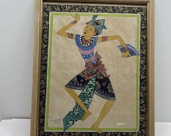 Antique Painting On Silk Fabric Of Lady Dancer 15.5 X 17.5” Framed Batuan Bali Signed