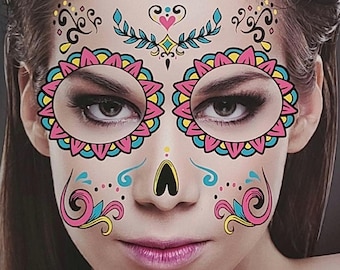 Temporary Face Tattoo, Halloween Sugar Skull, Day of the Dead Face Tattoo, Halloween Costume