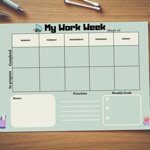 Puede incluir: Un planificador semanal imprimible azul claro con el texto "My Work Week" y un icono de portátil. El planificador tiene secciones para del lunes al viernes, tareas en curso, tareas completadas, notas, prioridades y objetivos semanales.