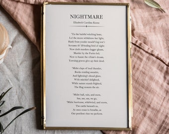 May include: A gold framed print with the poem "Nightmare" by Elizabeth Caroline Keene. The poem is printed on white paper with black text. The print is sitting on a light pink fabric surface.