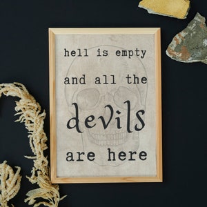 Halloween Tempest Hell is Empty Devils are Here Printable Art  | Book Quote Page Print | Halloween Sign | Spooky Decor | Shakespeare | Skull