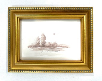 Klein gerahmtes Originalaquarell in Sepiatönen