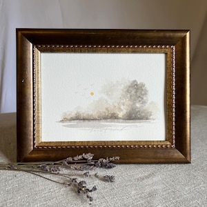 Small original watercolor painting of a landscape framed