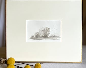 Kleine original Vintage Look Aquarell Landschaftsmalerei mit großem cremefarbenem Passepartout und zartem Metallrahmen