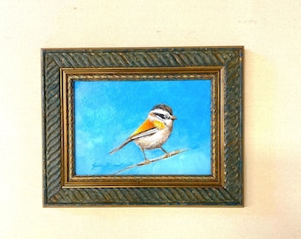 Puede incluir: Una pintura enmarcada de un pájaro pequeño con cabeza blanca, pecho naranja y alas marrones posado en una rama sobre un fondo azul.