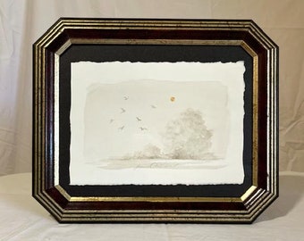 Original Aquarell kleine Malerei von abstrakter Landschaft in Art-Deco-Vintage-Rahmen