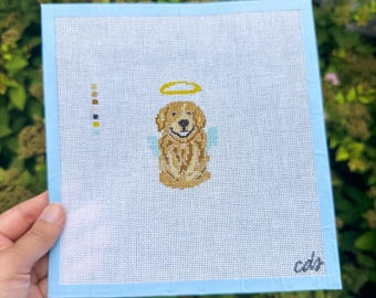 Angel Baby Golden Retriever Needlepoint Canvas | DOG DAYS SERIES – Hand-Painted Dog Needlepoint, 18 Mesh