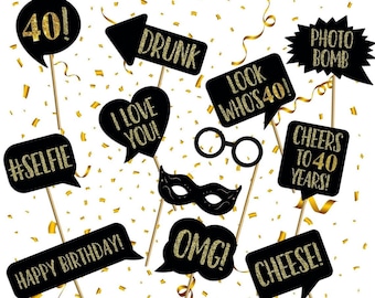 40th Birthday Party Photo Booth Props | Forty Party Supplies and Decorations | 40 Years Black and Gold Birthday Photo Props