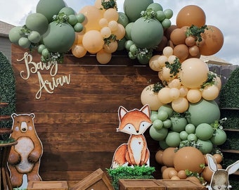 Woodland Animals Sage Green Balloons Garland Birthday Party Decorations | Baby Shower Arch Set Green Boho Balloon Party Supplies