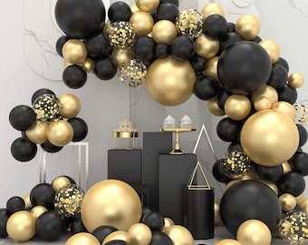 Kit de guirnalda y arco de globos de oro blanco y negro, pequeños y  grandes, globos negros blancos y dorados con confeti, decoraciones de  fiesta