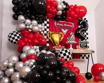 Red, Black & Silver Balloon Arch Kit: Car Theme Birthday Party Supplies