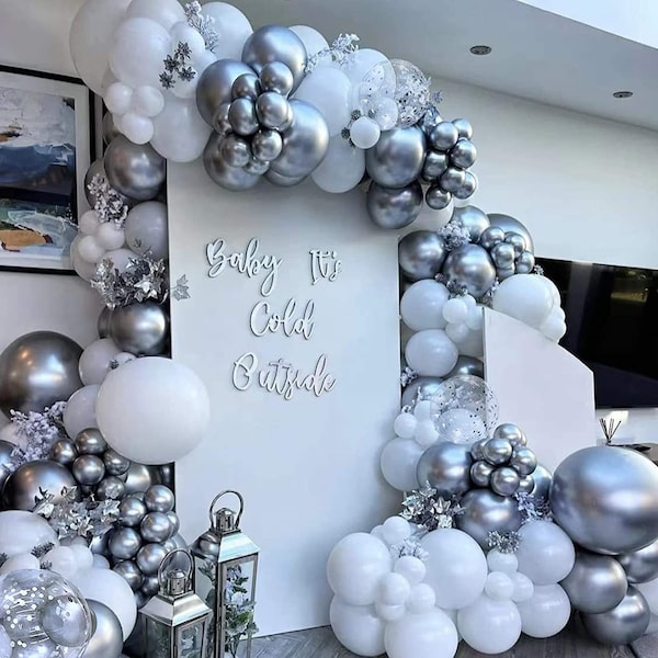 White and Silver Balloon Arch Kit Birthday Party Decorations | Wedding | Baby Shower | Bridal Shower Balloons Garland Set