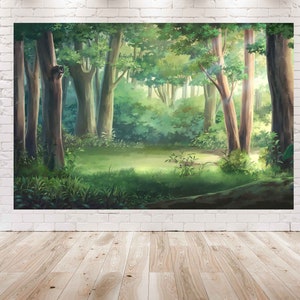 May include: A digital painting of a lush green forest with tall trees and a clearing in the center. The sun shines through the leaves, casting a warm glow on the scene.