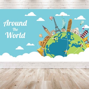 7X5FT Around The World Décorations de fête d’anniversaire toile de fond | Thème Globe Travel Contexte | Affiche murale photo d’anniversaire de la Terre