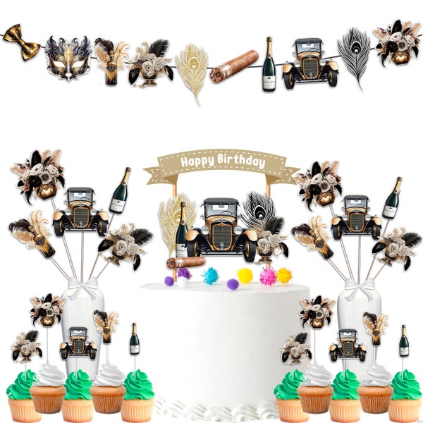 Roaring 20s Gatsby Party Decorations Set. Retro Jazz Gangster Party Banner, Cake Topper, Cupcake Toppers, Centerpieces.