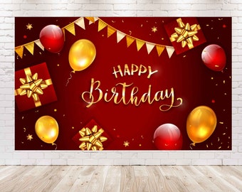 Red and Gold Happy Birthday Backdrop: Party Photo Poster (7x5 FT)