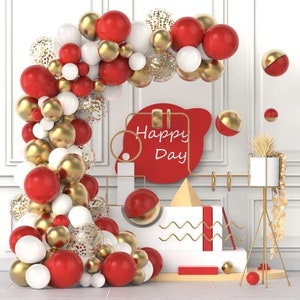 Red Gold White Balloon Decoration Kit | Garland Arch for Xmas Party | Birthday Wedding Baby Shower Supplies