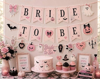 Pink Spooky Bride to Be Banner, Halloween Bridal Shower Decorations, Cute Ghost Bachelorette Party Decor, Pink Halloween Bride