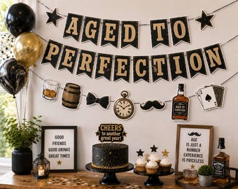 Aged to Perfection Banner, Mens Birthday Decorations, Whiskey Birthday Party Decor, Black Gold Birthday Banner for Him