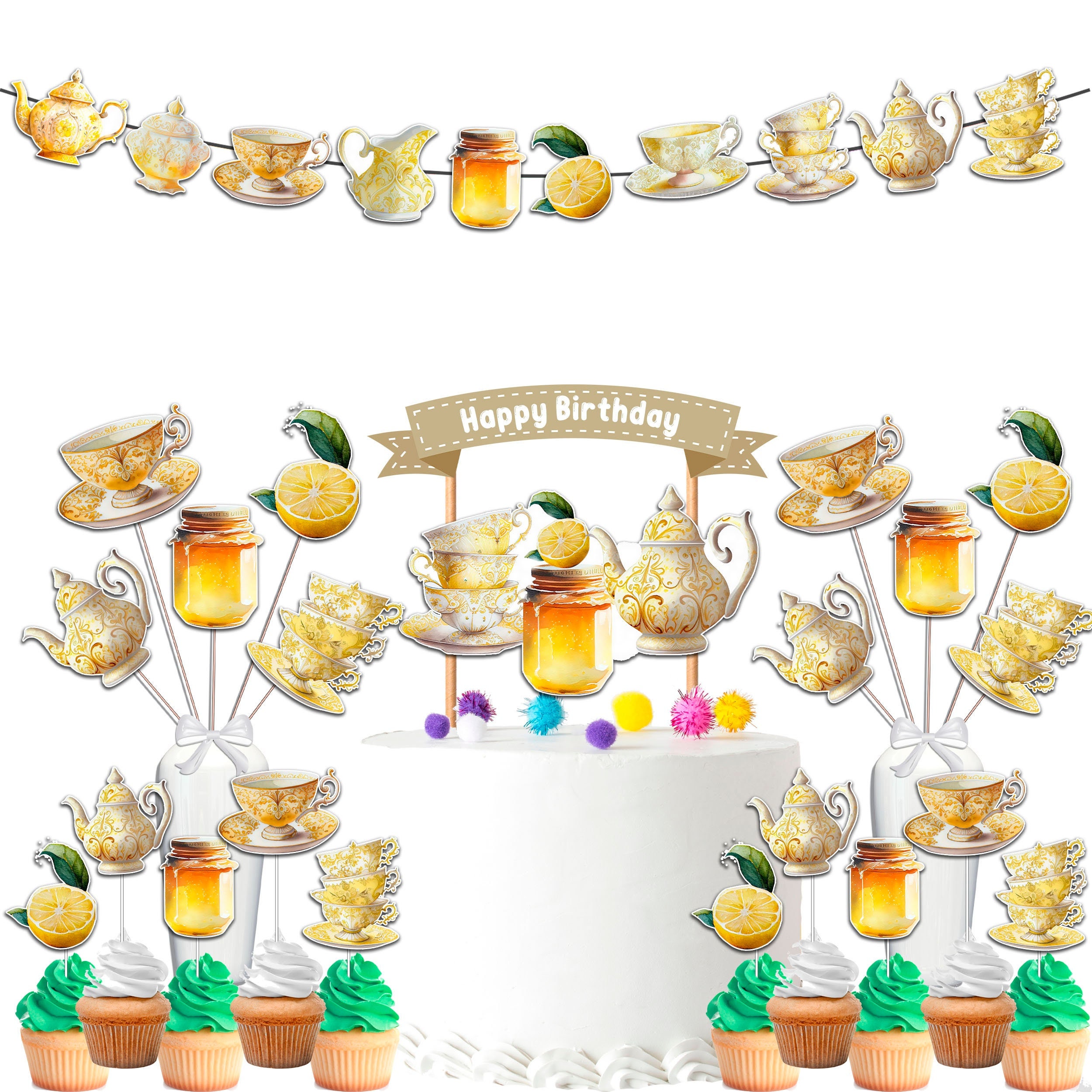 Birthday Tea Party Decorations Set Floral Vintage Teapot Banner Cake Topper Cupcake Toppers Centerpieces