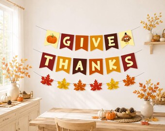 Give Thanks Banner, Thanksgiving Decorations, Fall Leaf Garland, Friendsgiving Party Decor, Autumn Harvest Banner, Turkey Day Decor