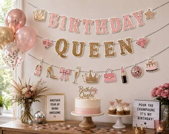 Birthday Queen Banner, Birthday Decorations for Her, Pink Gold Birthday Party Decor, Queen Birthday Banner, Women Birthday Decor