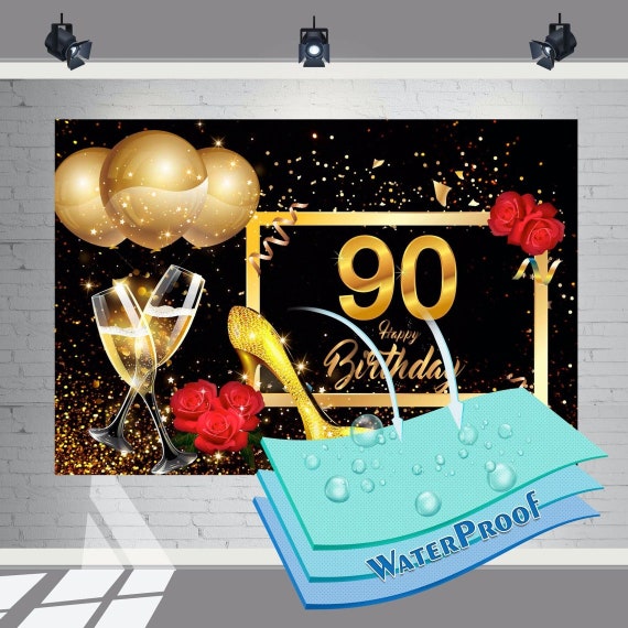 Sfondo Fotografico Per Festa Di Compleanno - Banner In Tessuto Nero E Oro 185x110 Cm Con Corda - 3