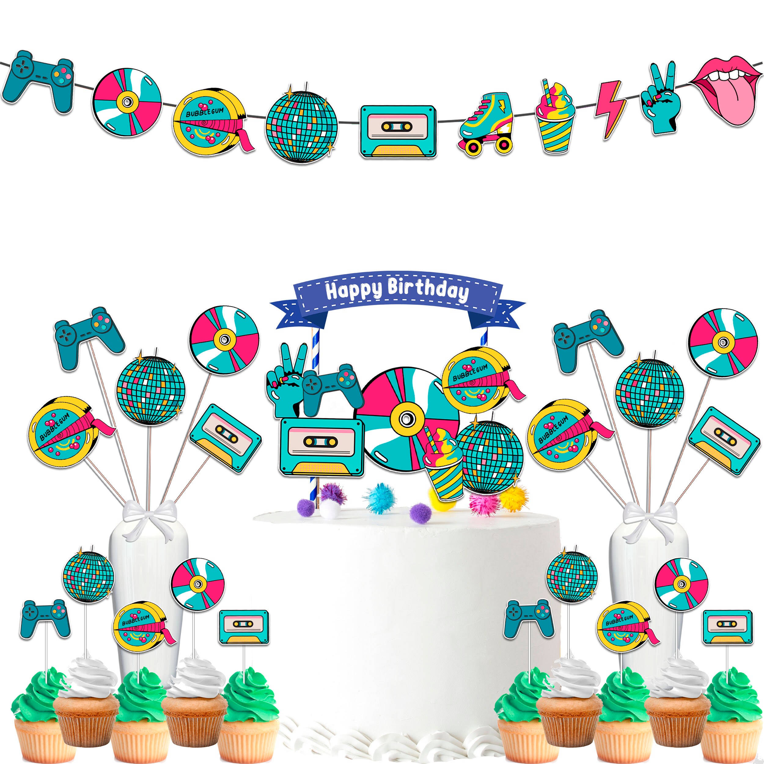 Retro 80s90s Party Decorations Set Back to The 90s Banner Cake Topper Cupcake Toppers Centerpieces Disco Theme Party
