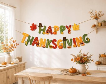 Happy Thanksgiving Banner, Thanksgiving Party Decorations, Fall Harvest Decor, Friendsgiving Banner, Autumn Pumpkin Garland