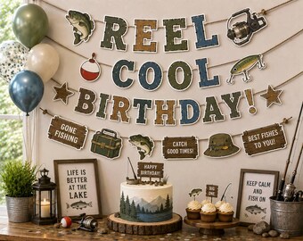 Reel Cool Birthday Banner, Fishing Birthday Decorations, Fisherman Birthday Party Decor, Gone Fishing Birthday Banner